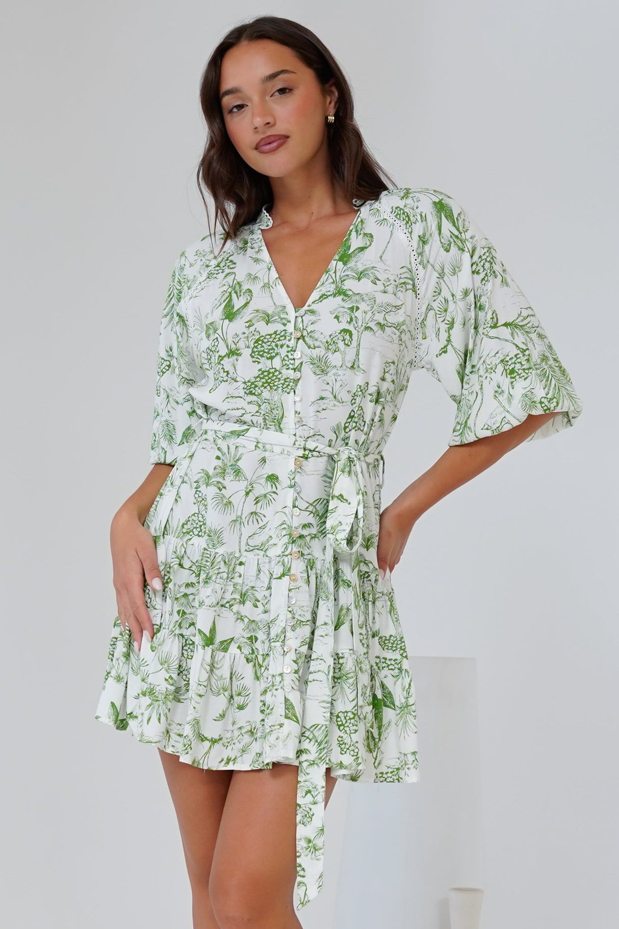 Klair Mini Dress - Mandarin Collar Button Down with Matching Belt in Woodland Print Green
