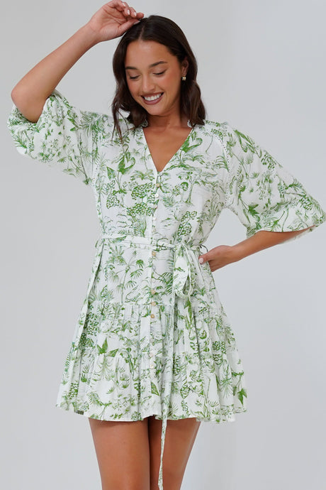 Klair Mini Dress - Mandarin Collar Button Down with Matching Belt in Woodland Print Green