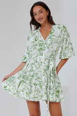 Klair Mini Dress - Mandarin Collar Button Down with Matching Belt in Woodland Print Green