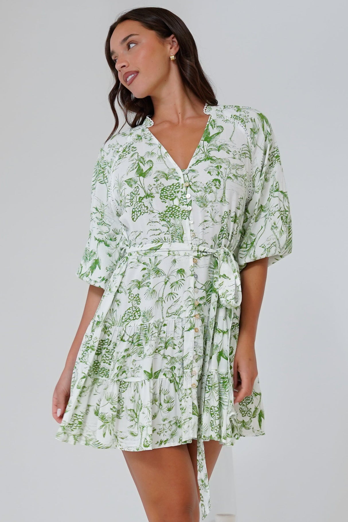 Klair Mini Dress - Mandarin Collar Button Down with Matching Belt in Woodland Print Green