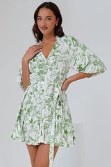 Klair Mini Dress - Mandarin Collar Button Down with Matching Belt in Woodland Print Green