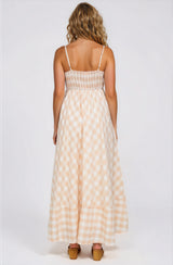 Klara Maxi Dress - Spaghetti Strap A-Line Dress in Gingham Beige