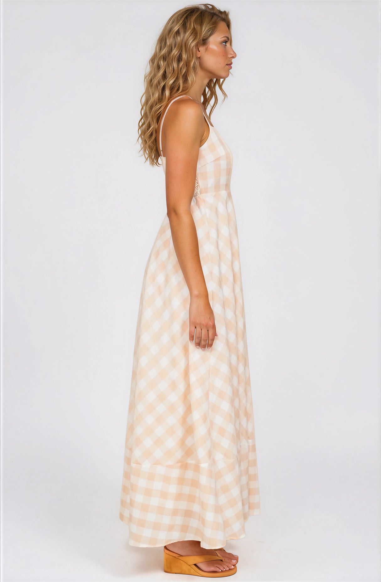 Klara Maxi Dress - Spaghetti Strap A-Line Dress in Gingham Beige