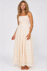 Klara Maxi Dress - Spaghetti Strap A-Line Dress in Gingham Beige