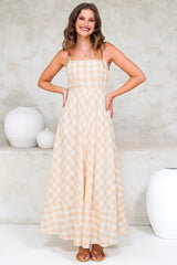 Klara Maxi Dress - Spaghetti Strap A-Line Dress in Gingham Beige