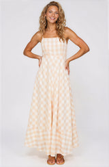 Klara Maxi Dress - Spaghetti Strap A-Line Dress in Gingham Beige