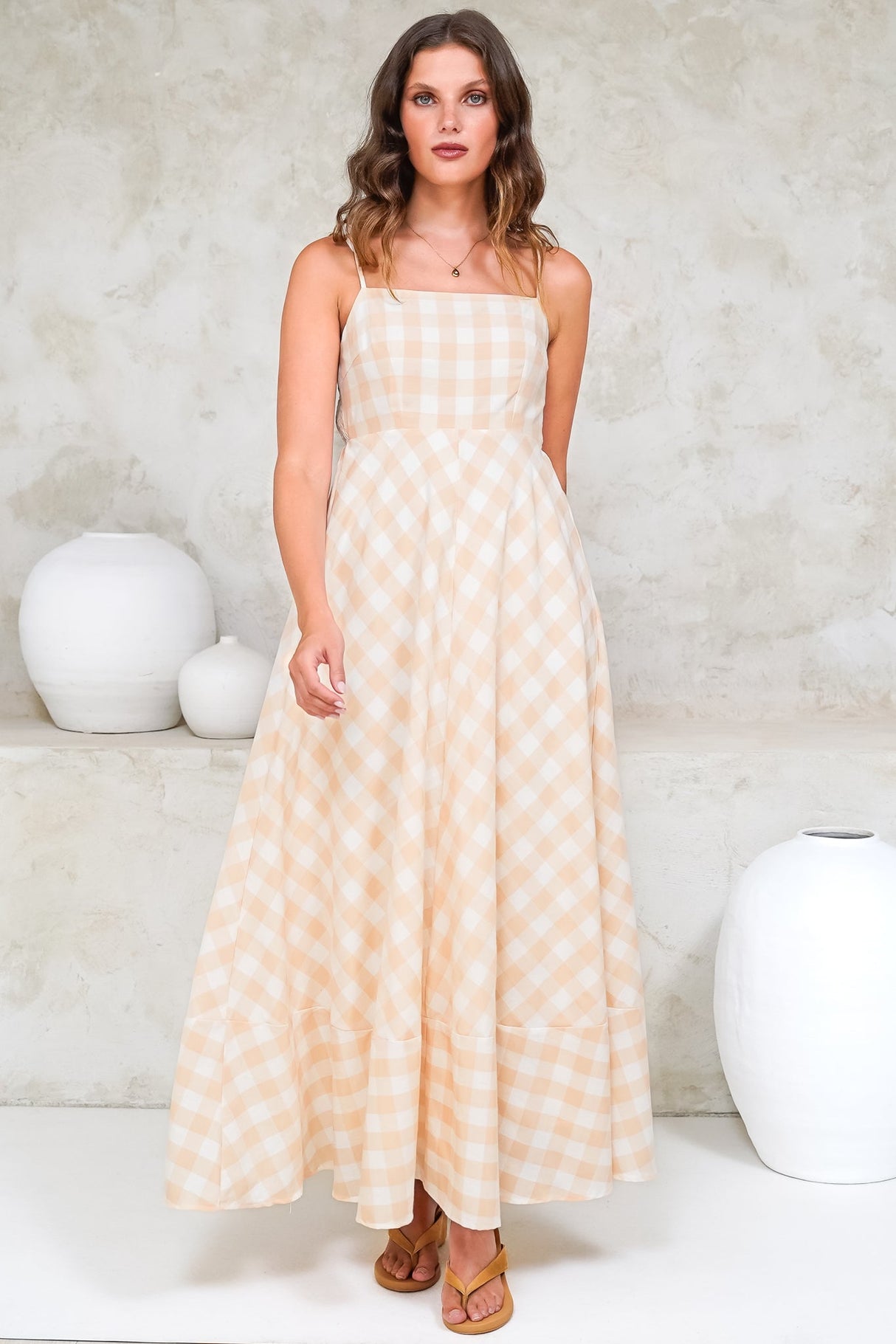 Klara Maxi Dress - Spaghetti Strap A-Line Dress in Gingham Beige