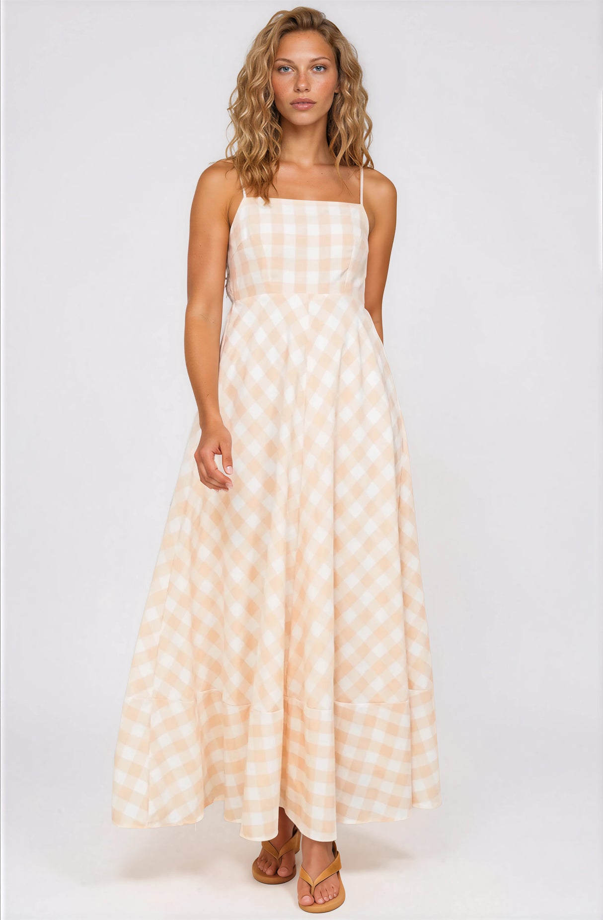 Klara Maxi Dress - Spaghetti Strap A-Line Dress in Gingham Beige