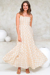 Klara Maxi Dress - Spaghetti Strap A-Line Dress in Gingham Beige