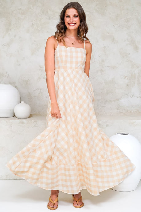 Klara Maxi Dress - Spaghetti Strap A-Line Dress in Gingham Beige