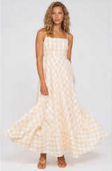 Klara Maxi Dress - Spaghetti Strap A-Line Dress in Gingham Beige