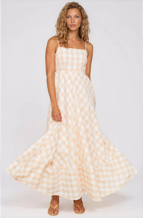 Klara Maxi Dress - Spaghetti Strap A-Line Dress in Gingham Beige