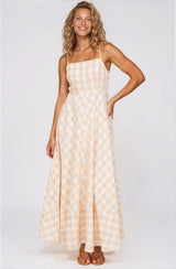 Klara Maxi Dress - Spaghetti Strap A-Line Dress in Gingham Beige
