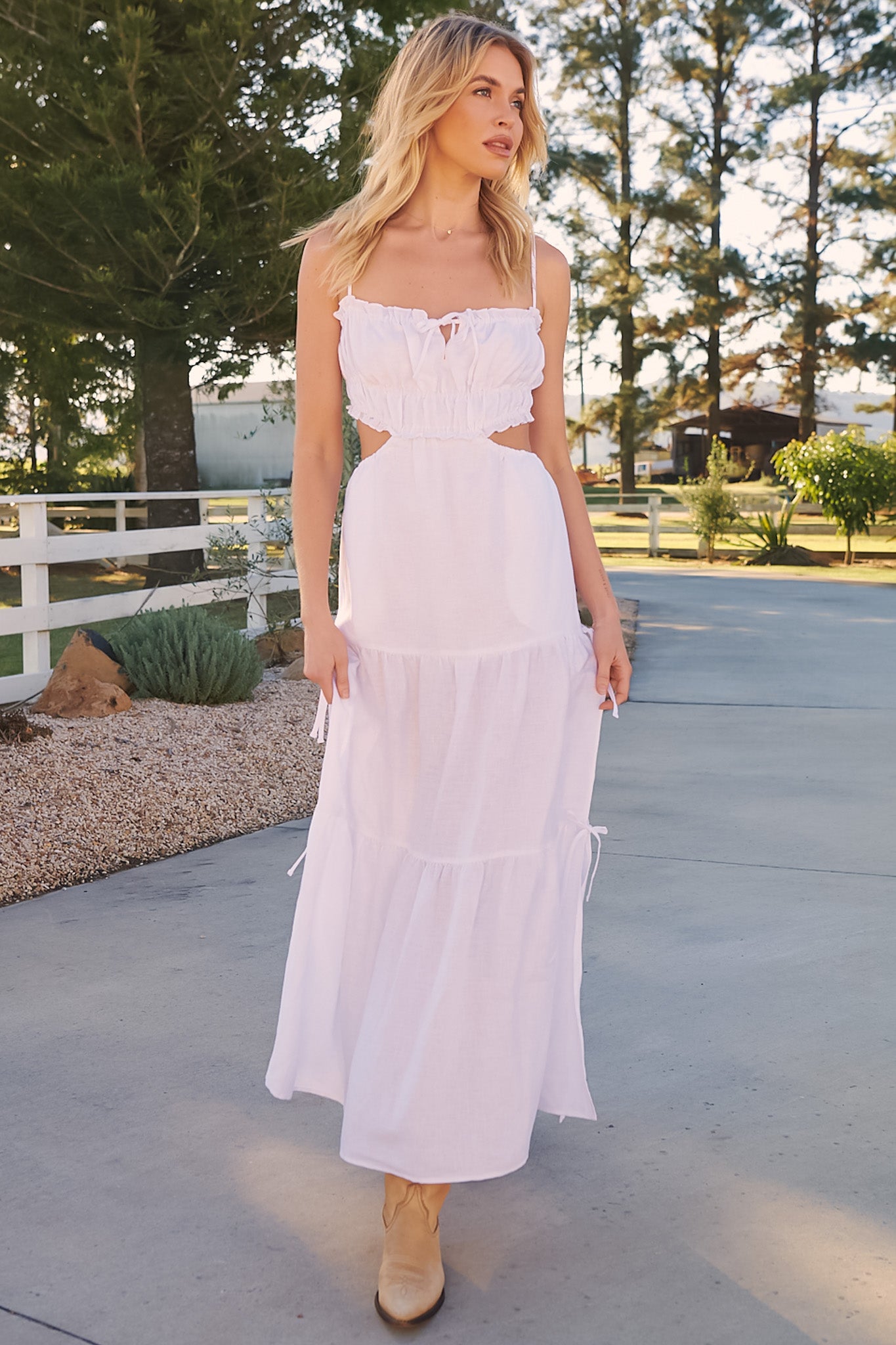 JAASE - Koda Maxi Dress: Cut Out Tiered Dress with Spaghetti Straps in White
