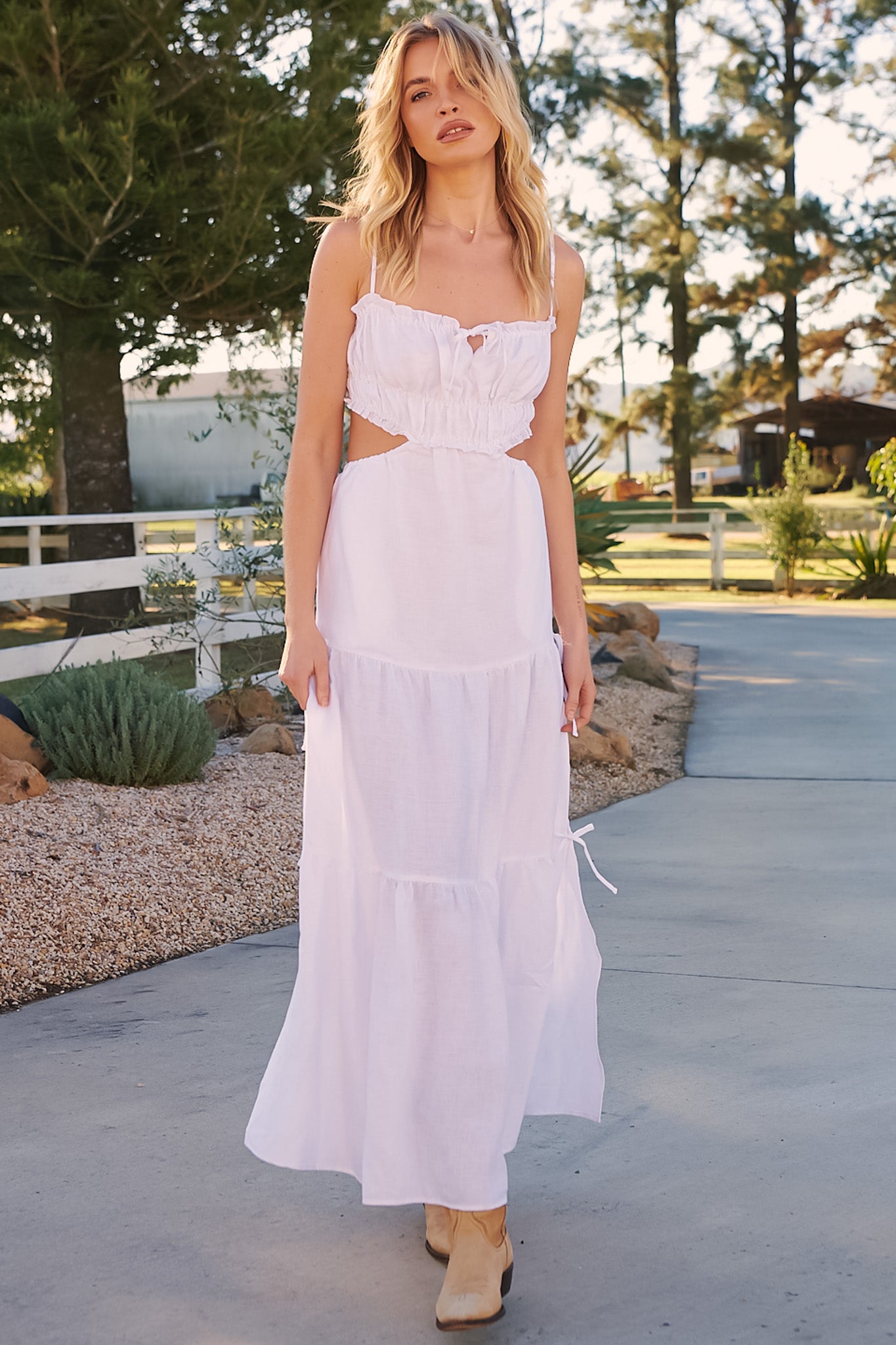 JAASE - Koda Maxi Dress: Cut Out Tiered Dress with Spaghetti Straps in White