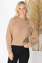 Kodah Jumper - Buttoned Shoulder Knit Jumper in Camel