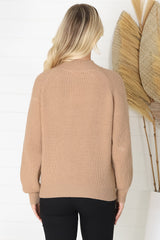 Kodah Jumper - Buttoned Shoulder Knit Jumper in Camel