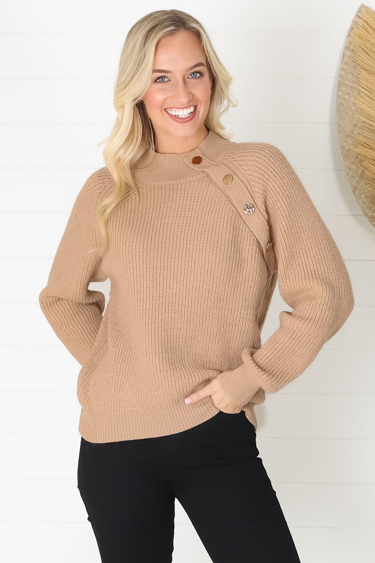 Kodah Jumper - Buttoned Shoulder Knit Jumper in Camel