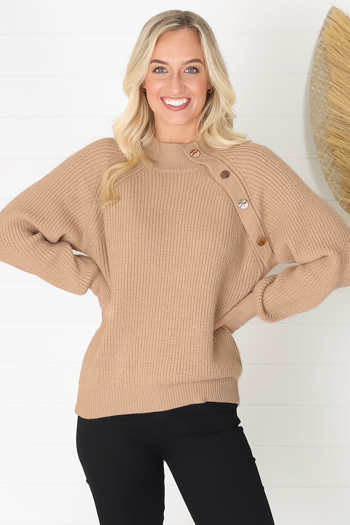 Kodah Jumper - Buttoned Shoulder Knit Jumper in Camel