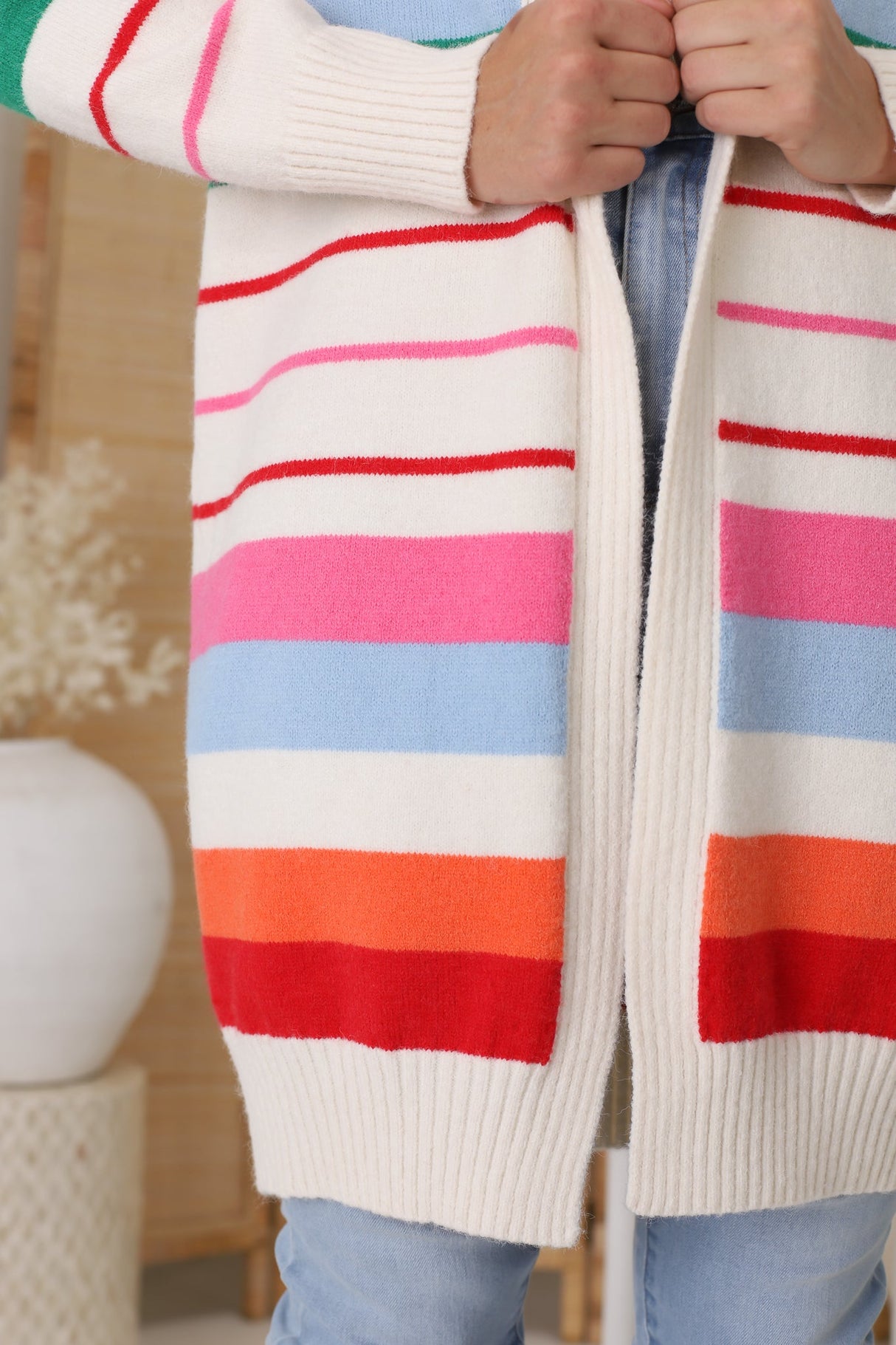 Kodie Cardigan - Open Front Bold Rainbow Stripe Cardigan in Cream