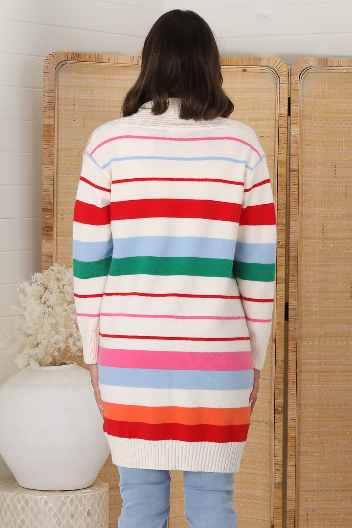 Kodie Cardigan - Open Front Bold Rainbow Stripe Cardigan in Cream