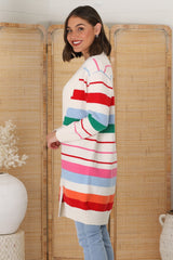 Kodie Cardigan - Open Front Bold Rainbow Stripe Cardigan in Cream