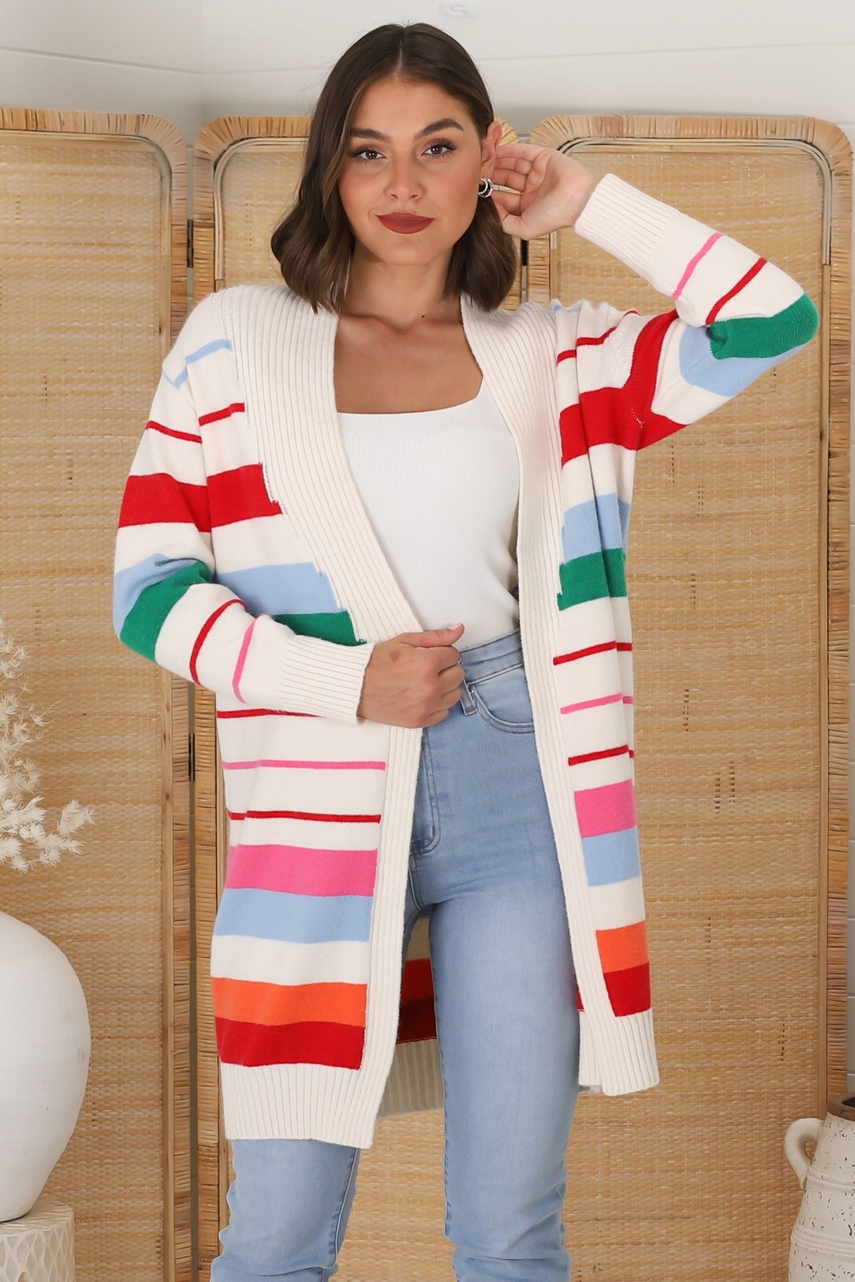 Kodie Cardigan - Open Front Bold Rainbow Stripe Cardigan in Cream