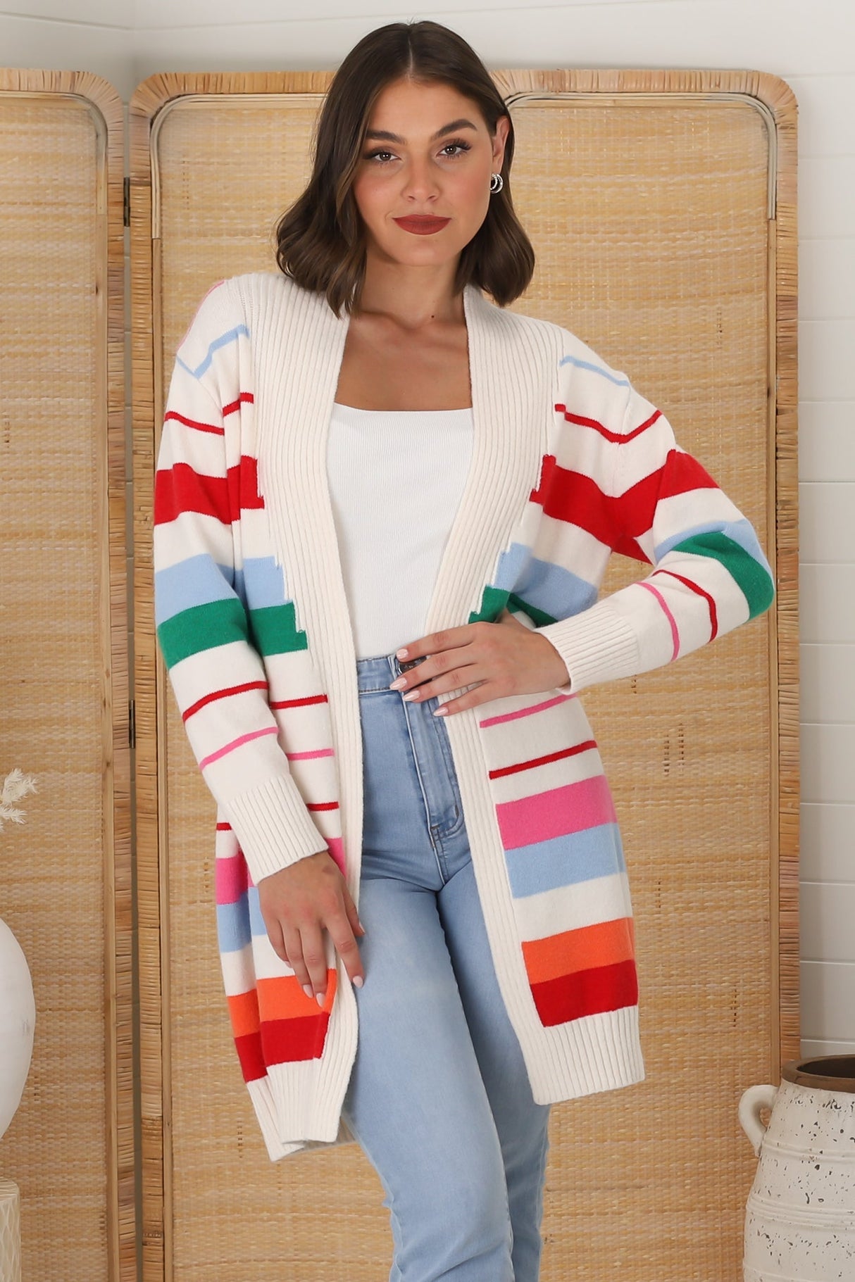 Kodie Cardigan - Open Front Bold Rainbow Stripe Cardigan in Cream