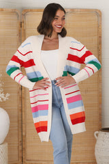 Kodie Cardigan - Open Front Bold Rainbow Stripe Cardigan in Cream