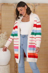 Kodie Cardigan - Open Front Bold Rainbow Stripe Cardigan in Cream