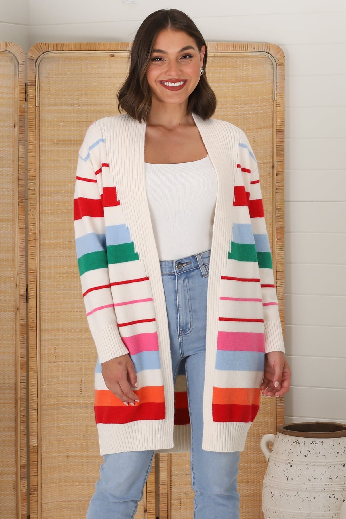 Kodie Cardigan - Open Front Bold Rainbow Stripe Cardigan in Cream