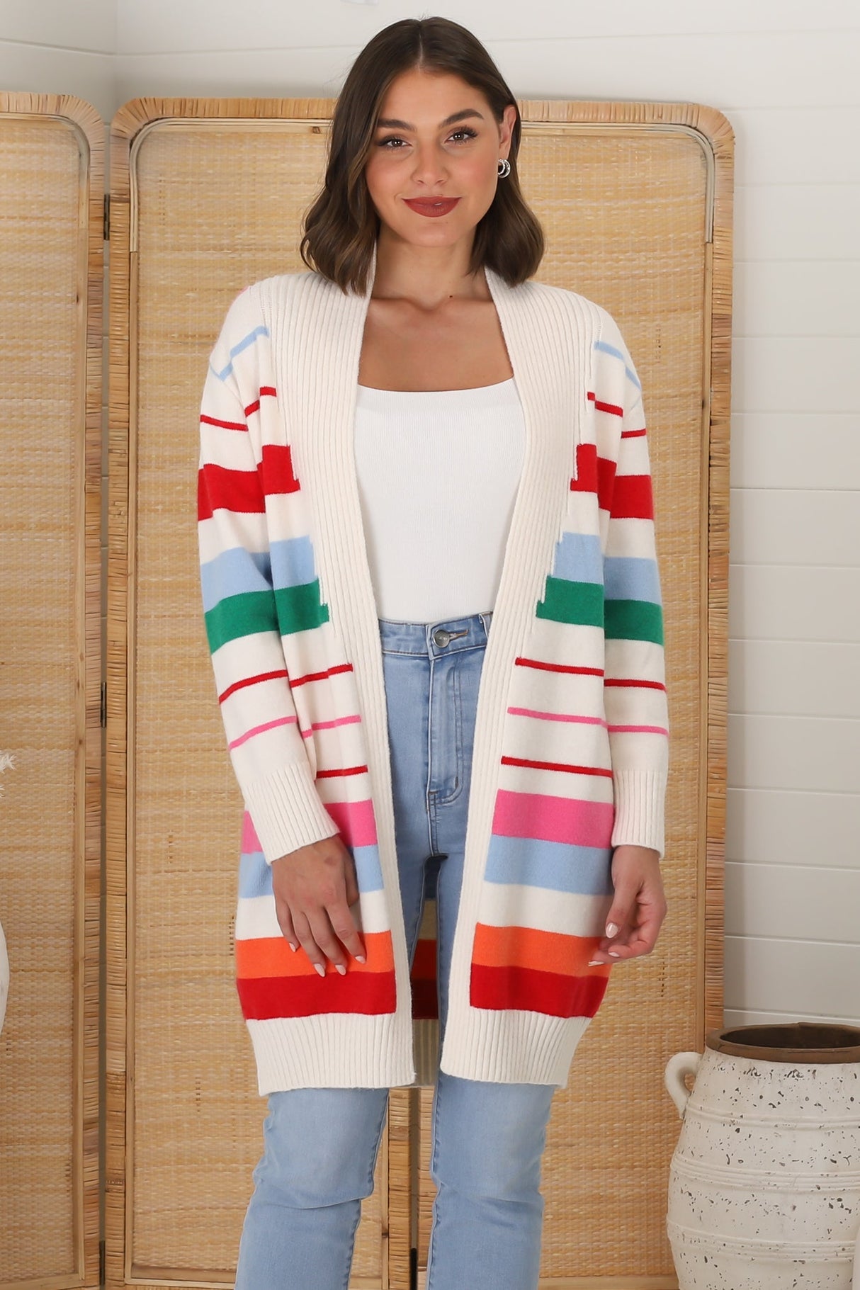 Kodie Cardigan - Open Front Bold Rainbow Stripe Cardigan in Cream