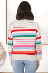 Kodie Jumper - Crew Neck Rainbow Stripe Jumper in Cream