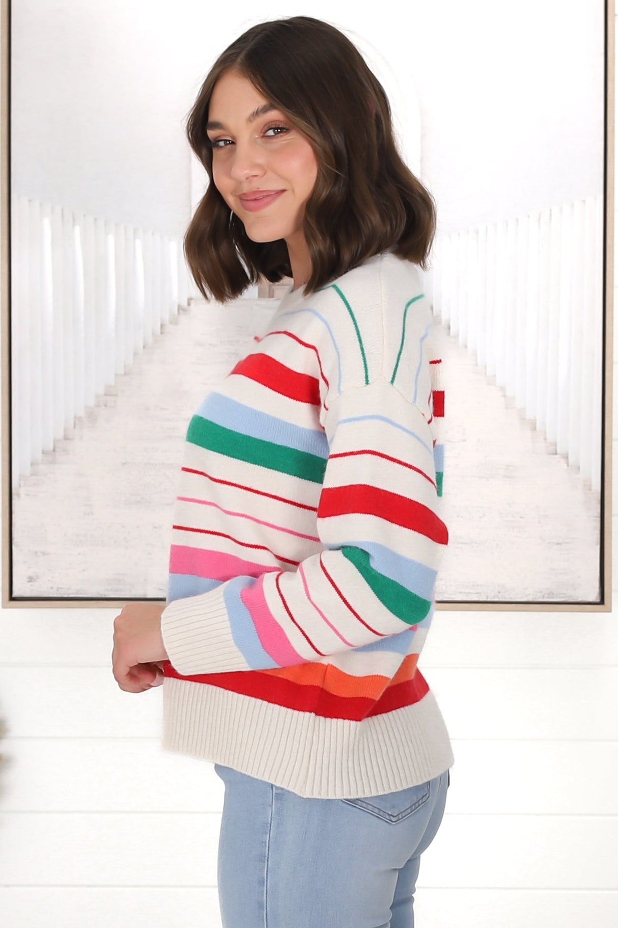 Kodie Jumper - Crew Neck Rainbow Stripe Jumper in Cream