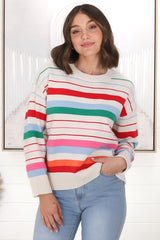 Kodie Jumper - Crew Neck Rainbow Stripe Jumper in Cream