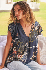 JAASE - Koi Top: Cap Sleeve Pull Over Top with Matching Waist Tie in Indigo Print