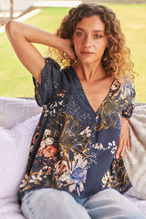 Koi Top - Cap Sleeve Pull Over Top with Matching Waist Tie in Indigo Print