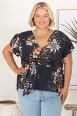 Koi Top - Cap Sleeve Pull Over Top with Matching Waist Tie in Indigo Print