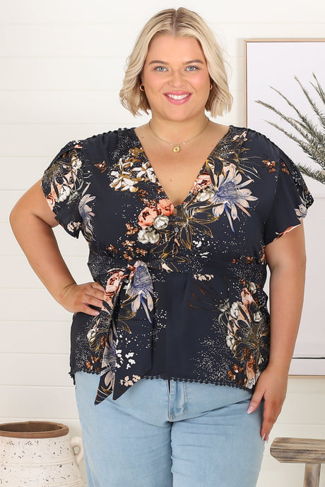 JAASE - Koi Top: Cap Sleeve Pull Over Top with Matching Waist Tie in Indigo Print