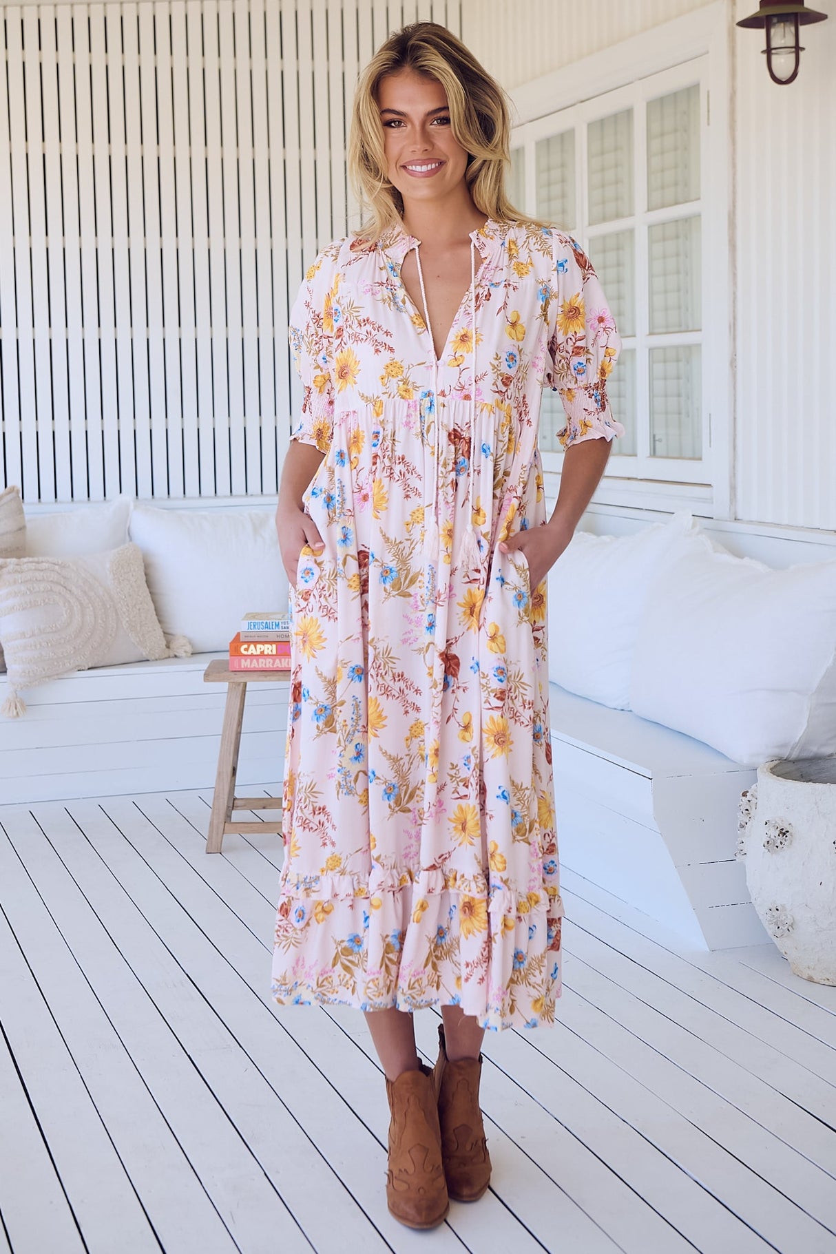 JAASE - Kora Midi Dress: Short Balloon Sleeve Shift Dress in Bambalina Print