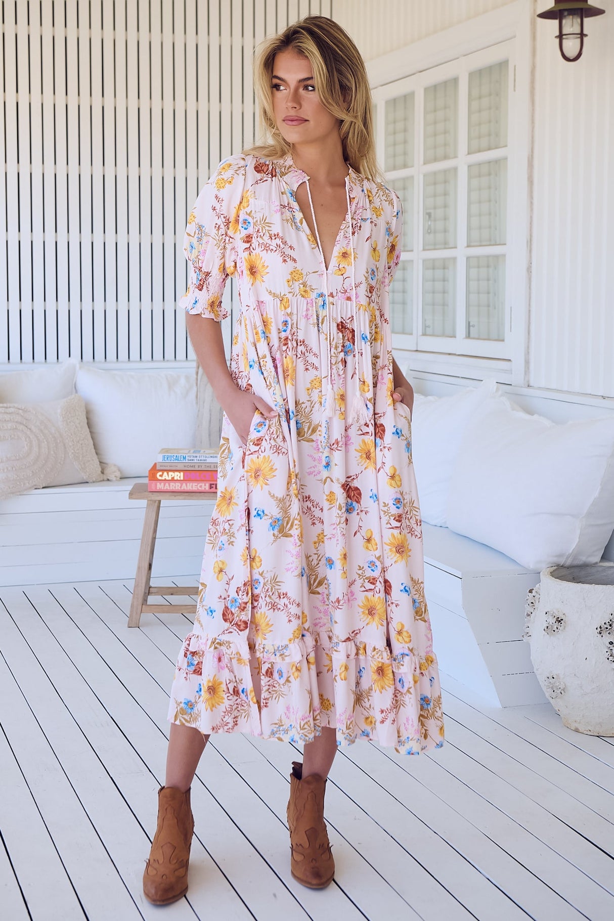 JAASE - Kora Midi Dress: Short Balloon Sleeve Shift Dress in Bambalina Print