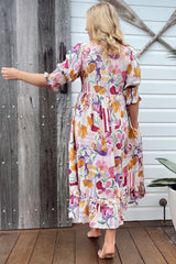 JAASE - Kora Midi Dress: Short Balloon Sleeve Shift Dress in Sweet Lily Print