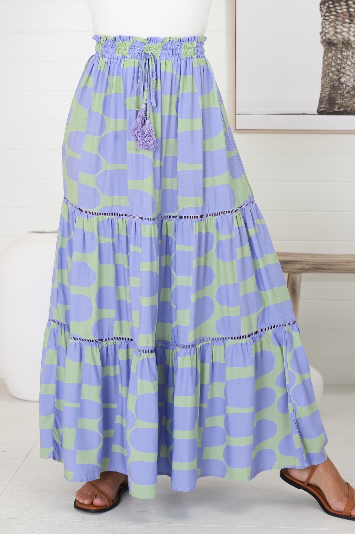 Korbella Maxi Skirt - Tiered Crochet Insert Skirt in Lime