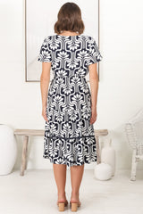 Kris Midi Dress - Cross Bodice A Line Dress with Crochet Spilicing in Luvira Print Navy