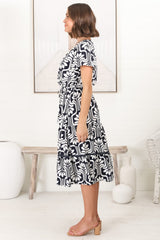 Kris Midi Dress - Cross Bodice A Line Dress with Crochet Spilicing in Luvira Print Navy