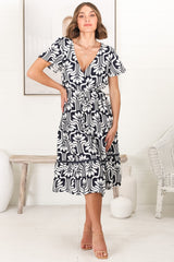 Kris Midi Dress - Cross Bodice A Line Dress with Crochet Spilicing in Luvira Print Navy