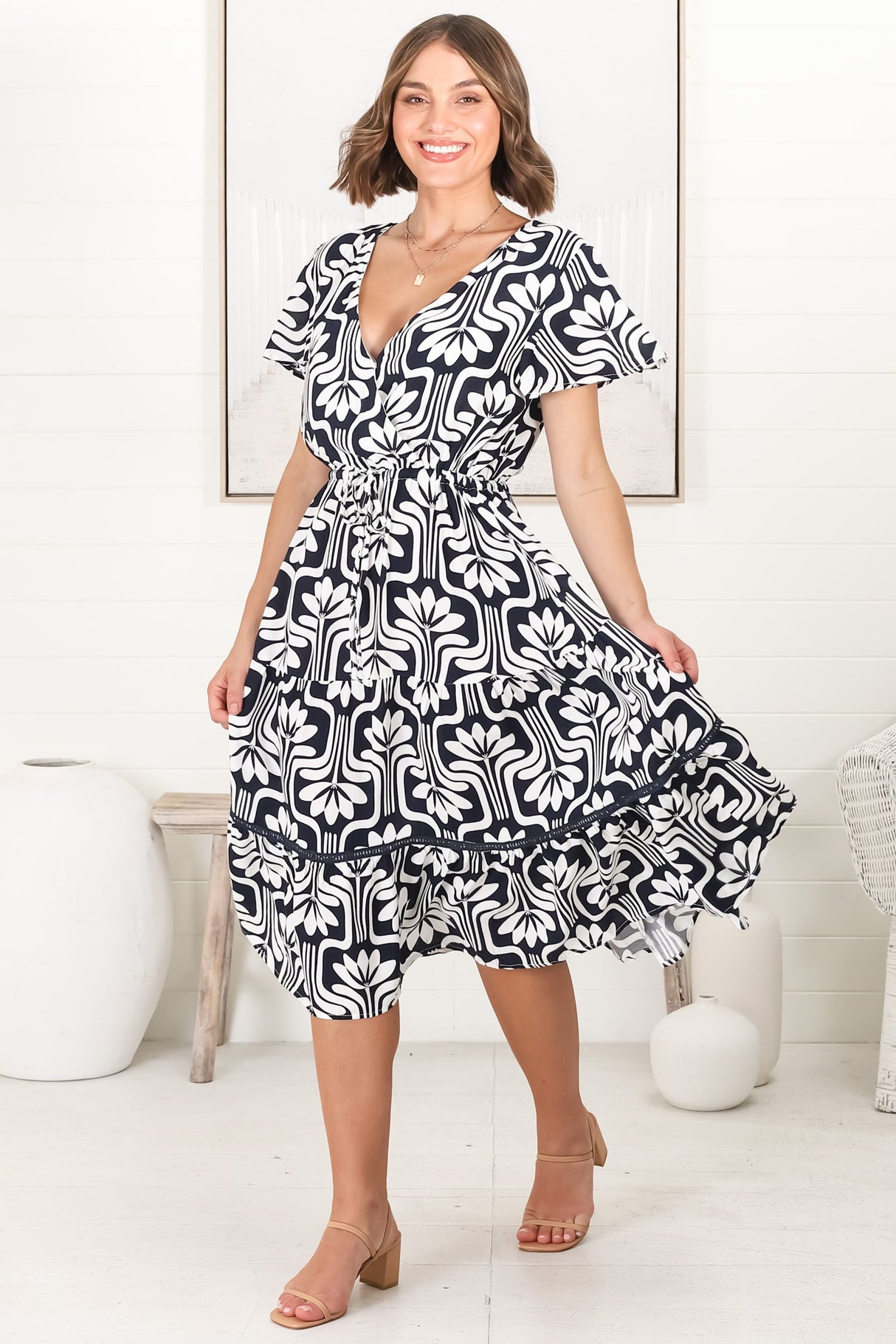 Kris Midi Dress - Cross Bodice A Line Dress with Crochet Spilicing in Luvira Print Navy