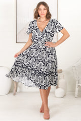 Kris Midi Dress - Cross Bodice A Line Dress with Crochet Spilicing in Luvira Print Navy