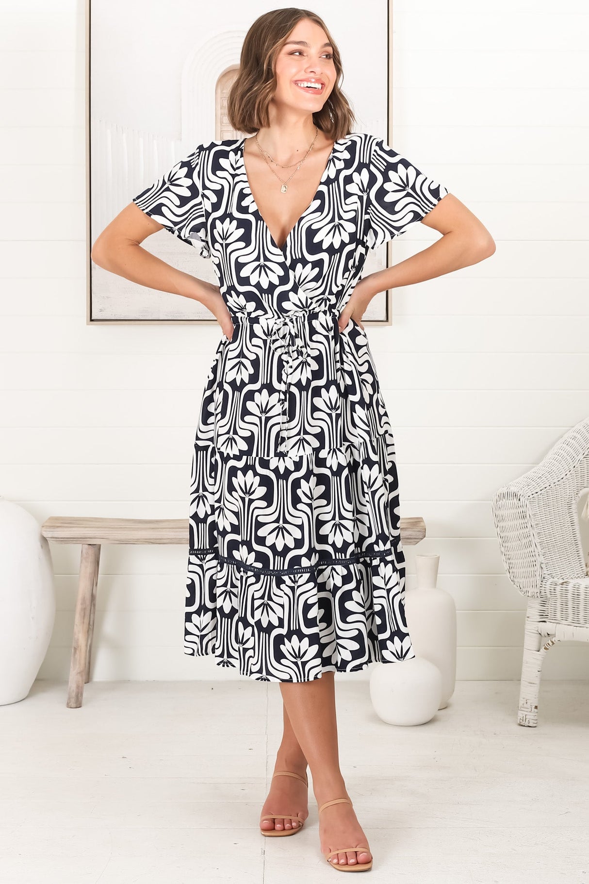 Kris Midi Dress - Cross Bodice A Line Dress with Crochet Spilicing in Luvira Print Navy