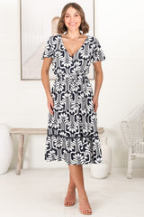 Kris Midi Dress - Cross Bodice A Line Dress with Crochet Spilicing in Luvira Print Navy